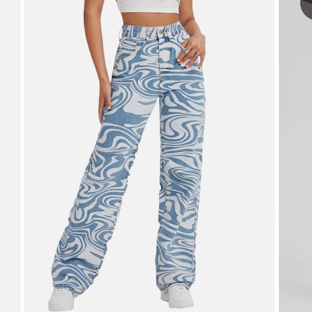 swirly print high waisted wide leg jeans